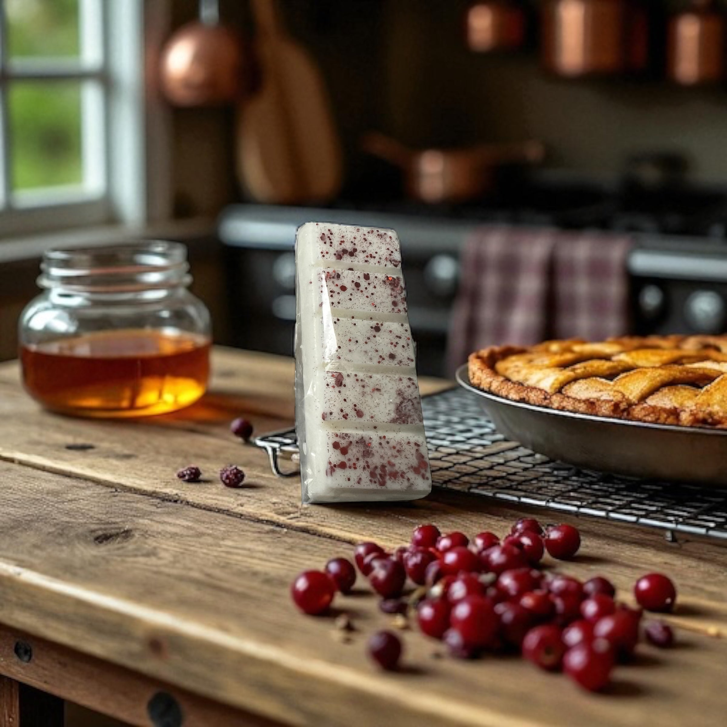 Selected Scent all natural wax melts with speckles displayed on wooden kitchen table near cranberries and apple pie