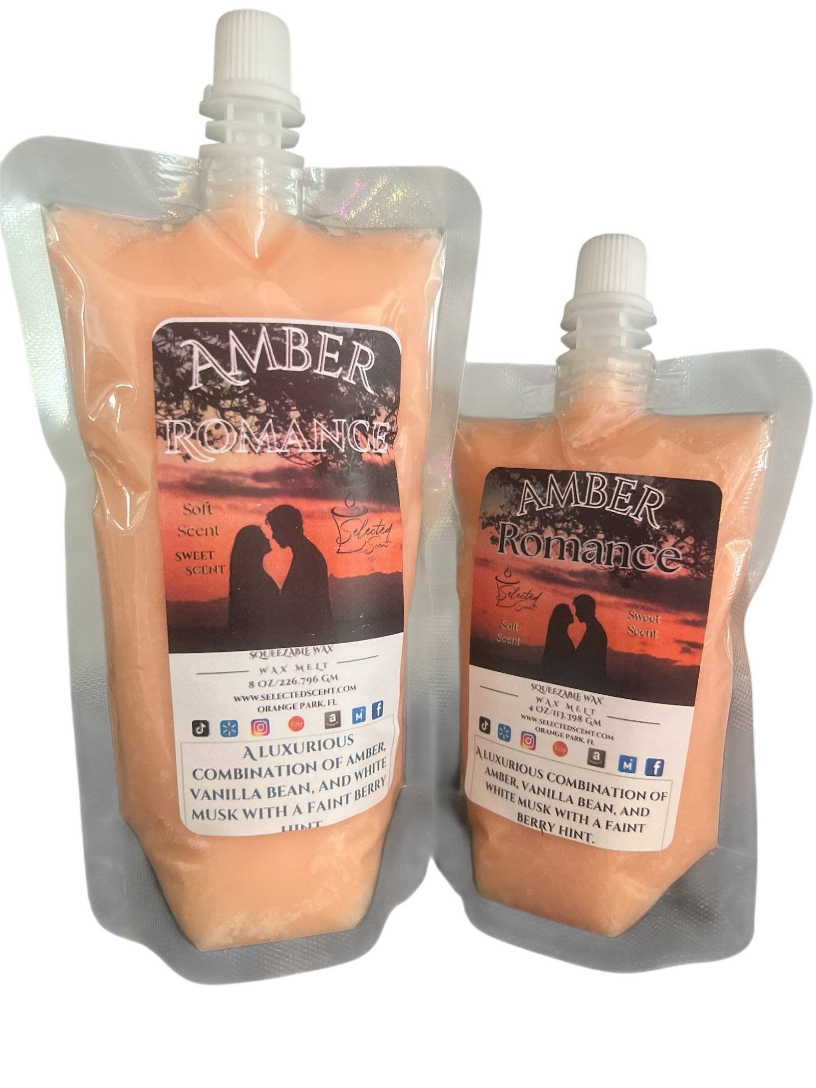 Selected Scent Amber Romance all natural squeezable wax melt in reusable pouch with vanilla bean and musk scent