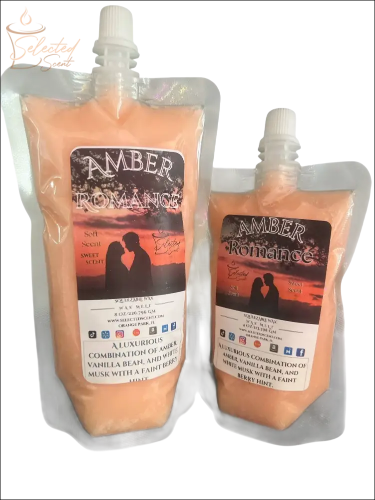 Selected Scent Amber Romance all natural squeezable wax melt in reusable pouch with vanilla bean and musk scent