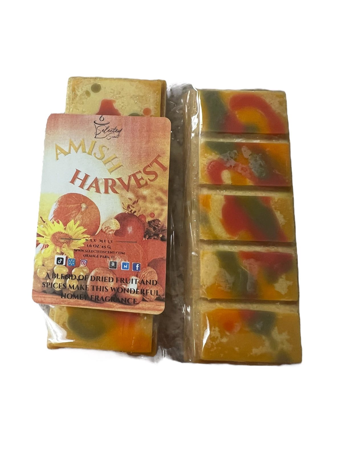 Selected Scent Amish Harvest wax melt with long lasting fall fragrance melt and autumn colors