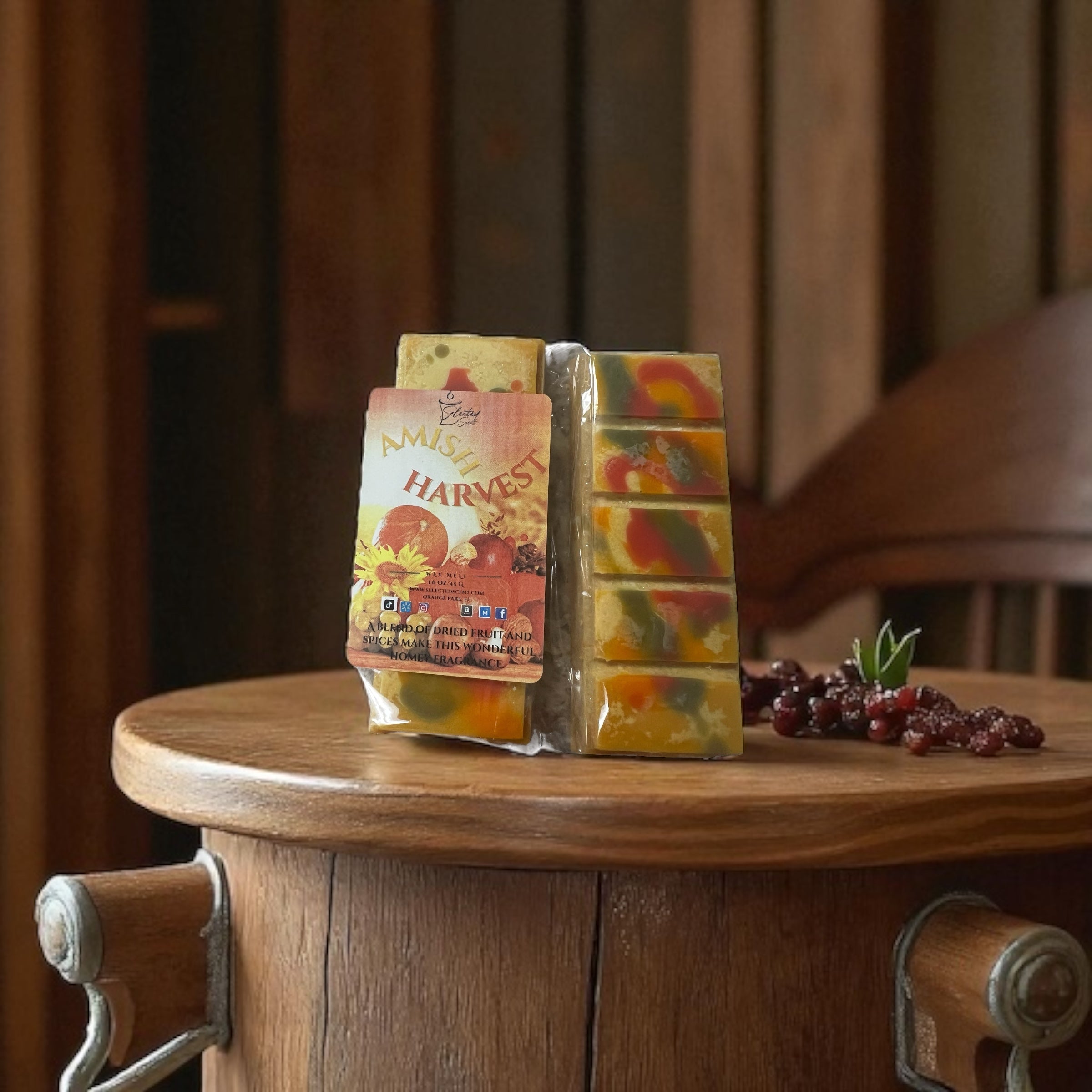 Selected Scent long lasting fall fragrance melt with autumn harvest design on wooden table with berries