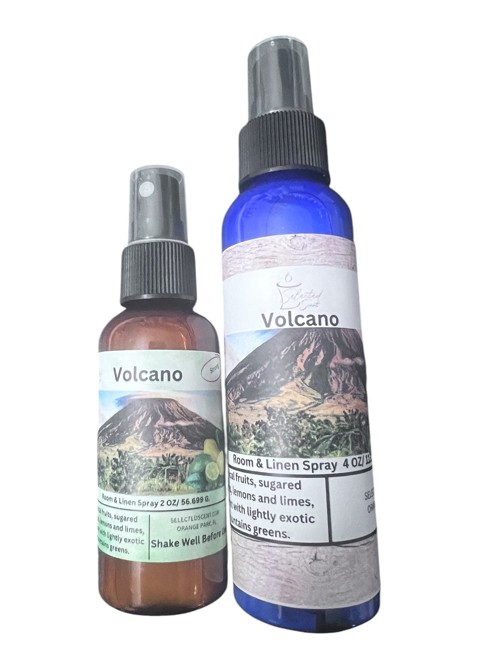 Selected Scent Volcano room and linen sprays in brown and blue bottles delivering An Eruption of Scent