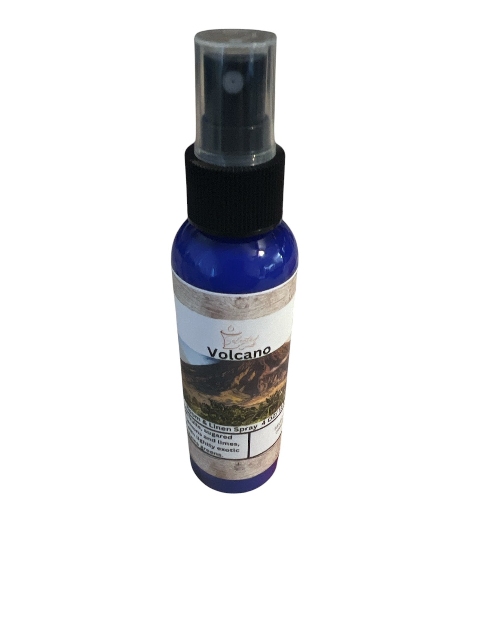 Selected Scent Volcano spray bottle labeled An Eruption of Scent fragrance mist in blue container