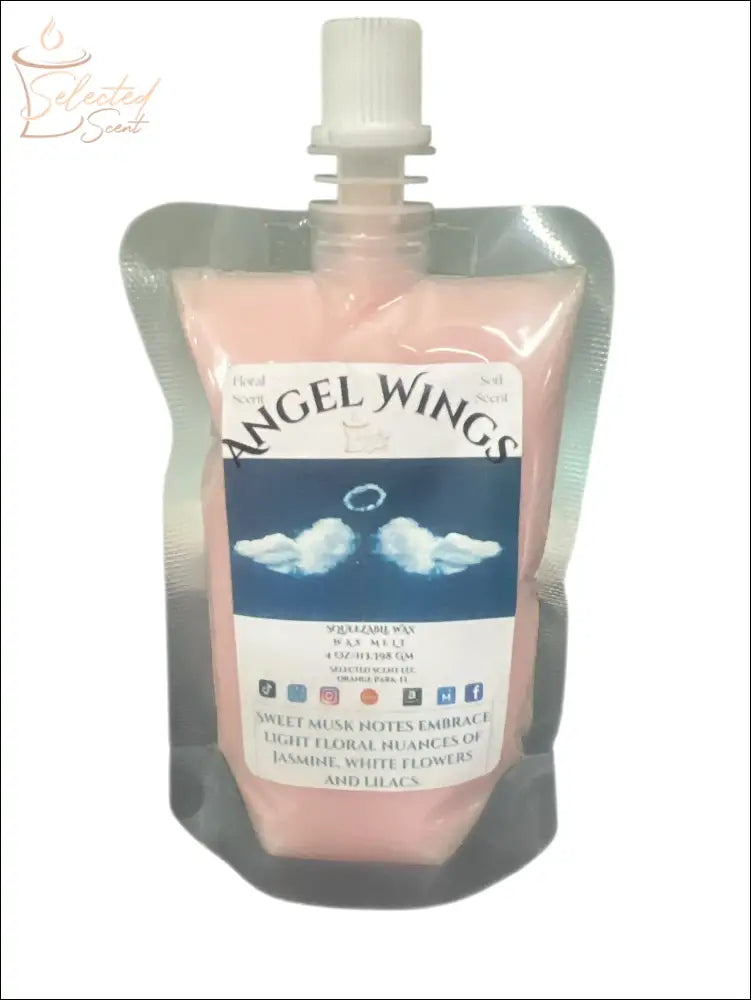 Selected Scent Angel Wings long lasting squeezable wax melts in pink pouch with floral fragrance