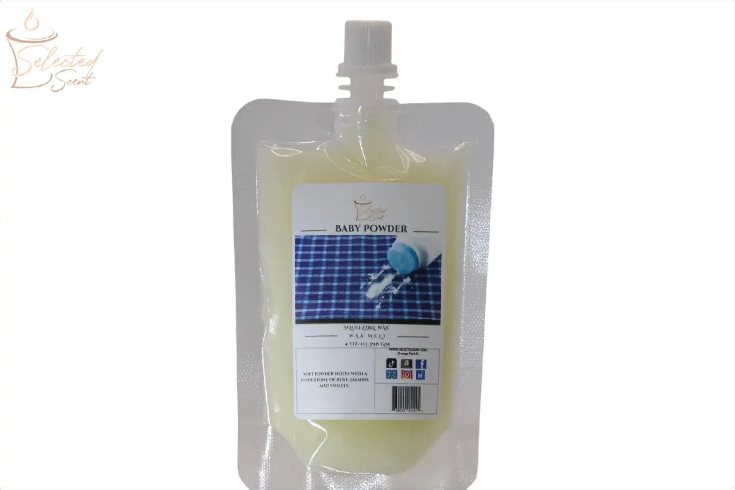 Selected Scent all natural baby powder fragrance refill pouch with blue powder image on label