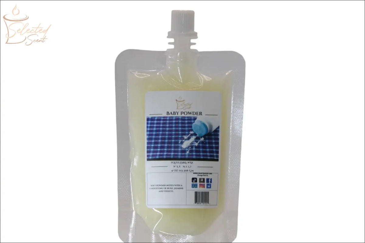 Selected Scent all natural baby powder fragrance refill pouch with blue powder image on label