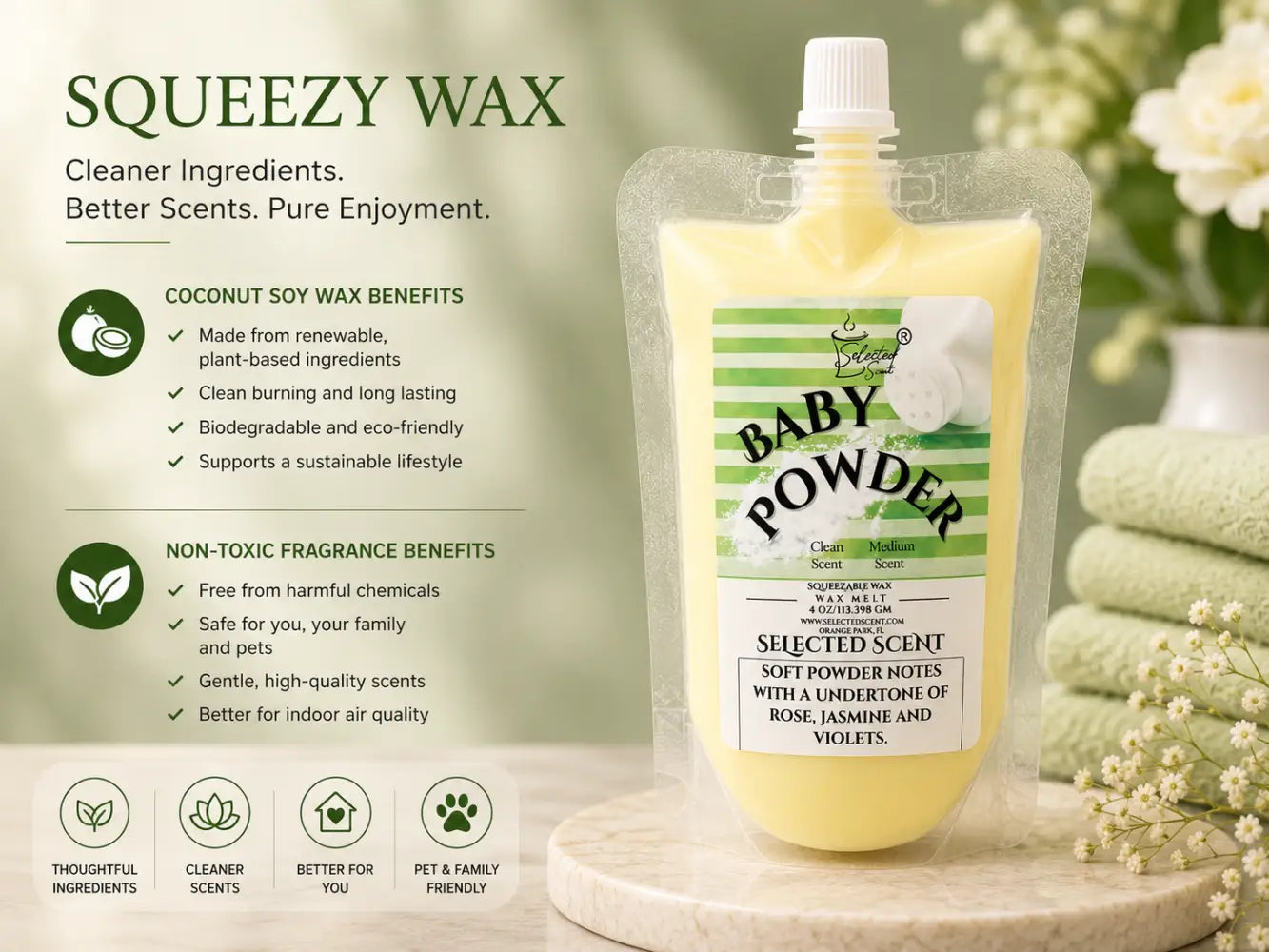 Baby powder squeezable wax melt by selected scent