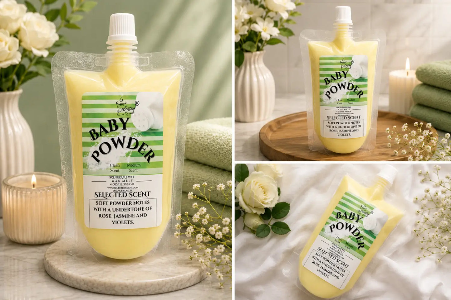 Baby powder squeezable wax melt by selected scent