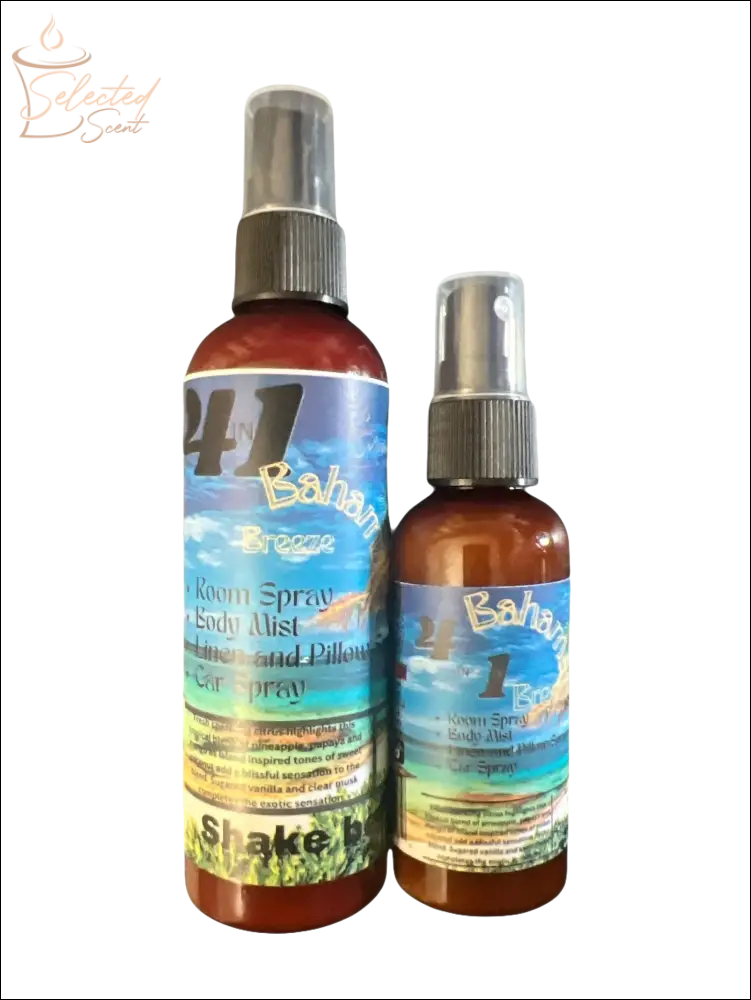 Selected Scent 247 Bahamas Breeze long-lasting tropical scent spray in two spray bottles with colorful beach-themed labels