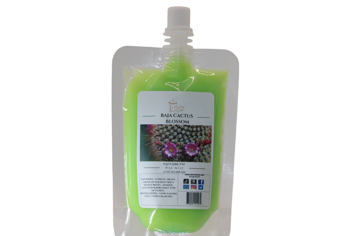 Selected Scent Baja Cactus Blossom all natural wax melts in green pouch with spout