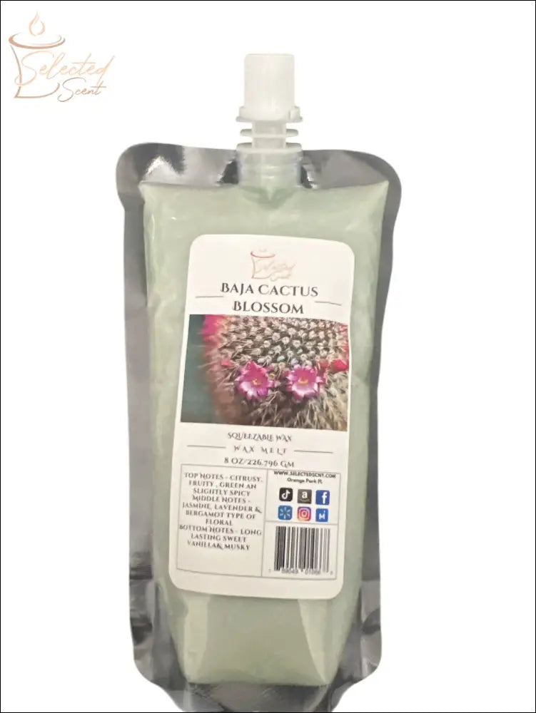 Selected Scent Baja Cactus Blossom all natural wax melts in squeezable pouch with cactus image