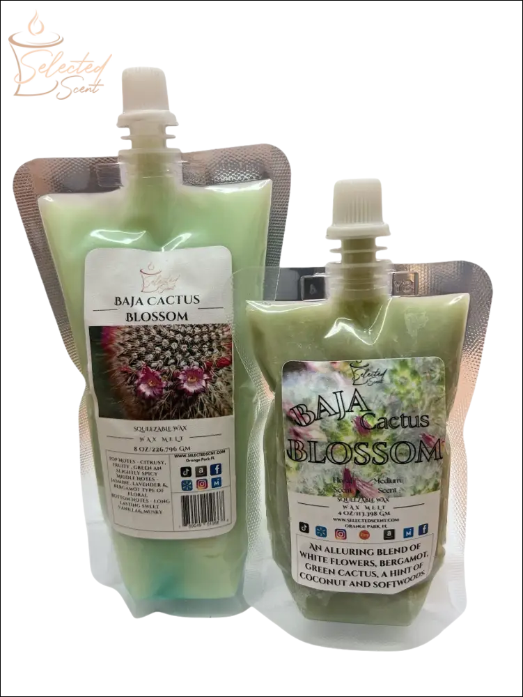 Selected Scent Baja Cactus Blossom all natural wax melts in green resealable pouches