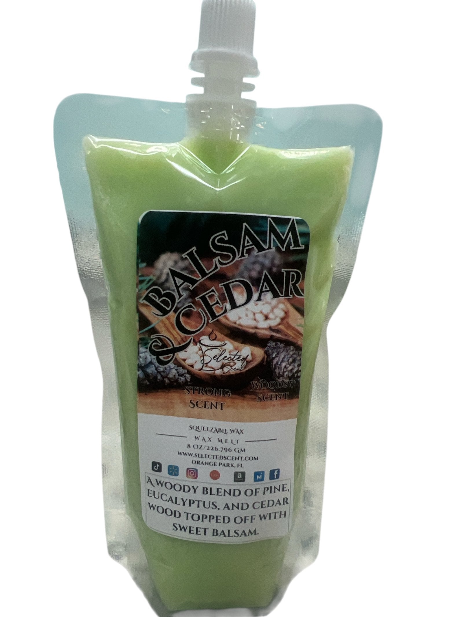 Selected Scent balsam cedar squeezable wax melts for home in green refill pouch with spout