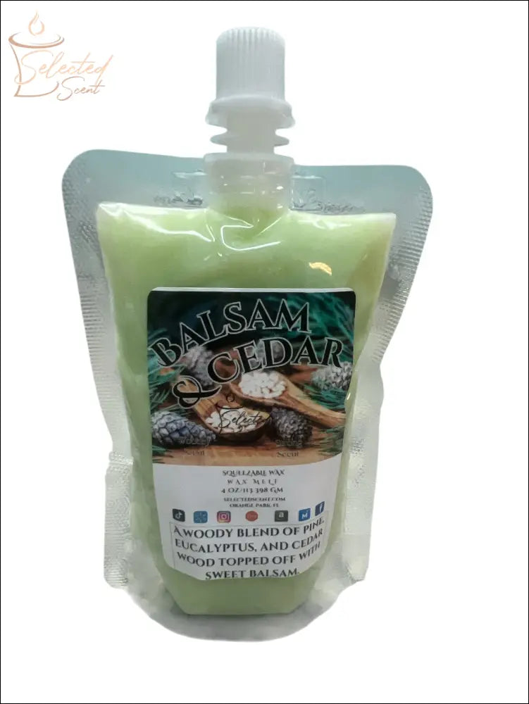 Selected Scent Balsam Cedar squeezable wax melts for home in a clear pouch with white cap