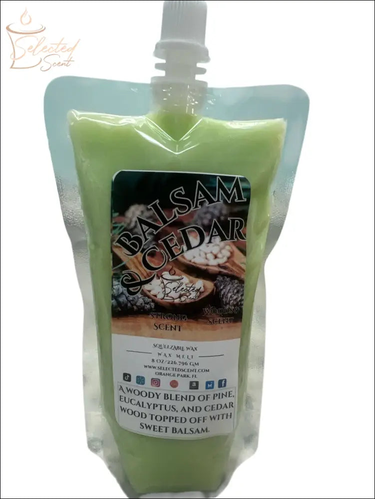 Selected Scent balsam cedar squeezable wax melts for home in green refill pouch with spout