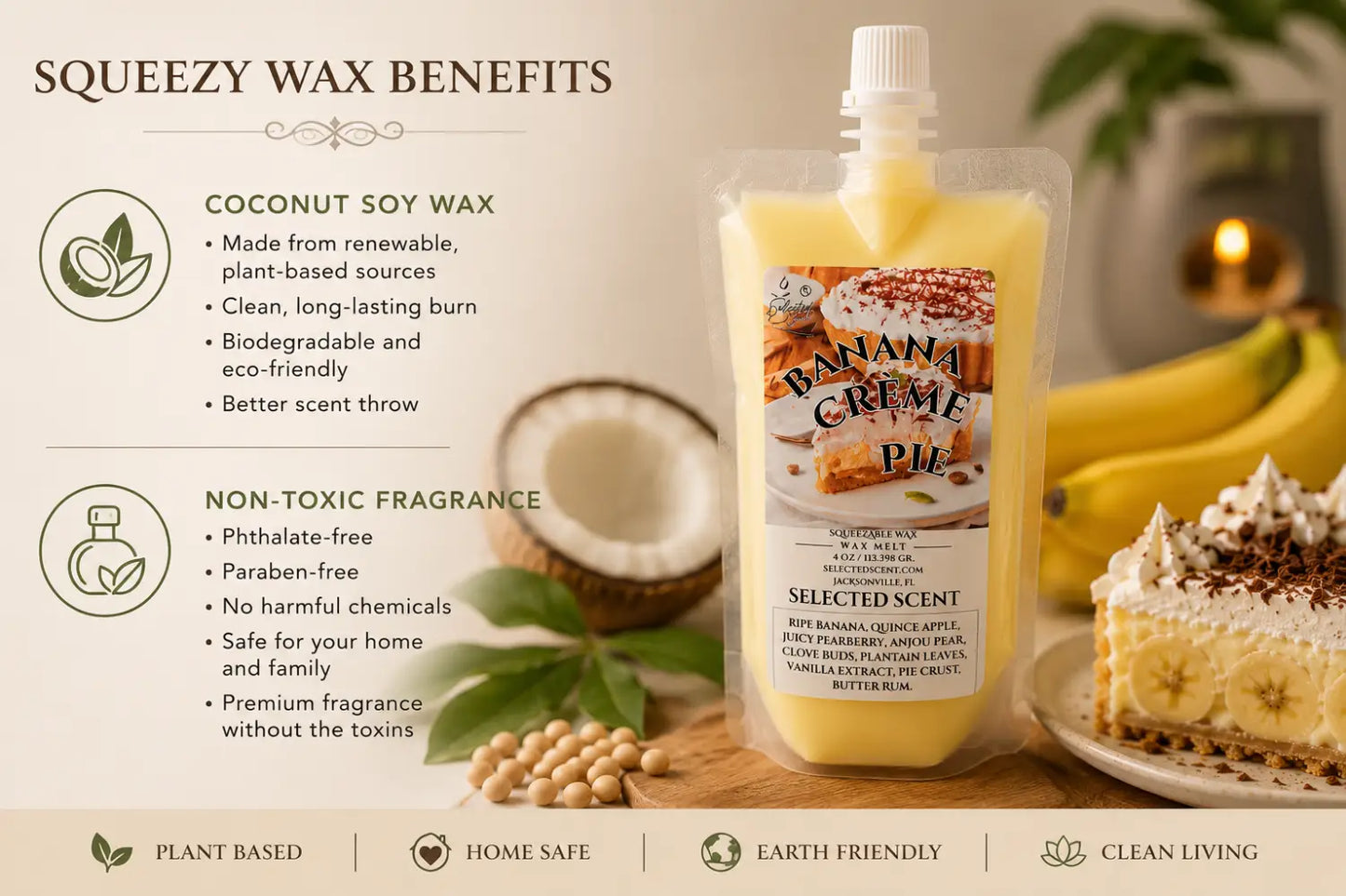 Banana cream pie squeezable wax melts – sweet bakery-inspired home fragrance by selected scent
