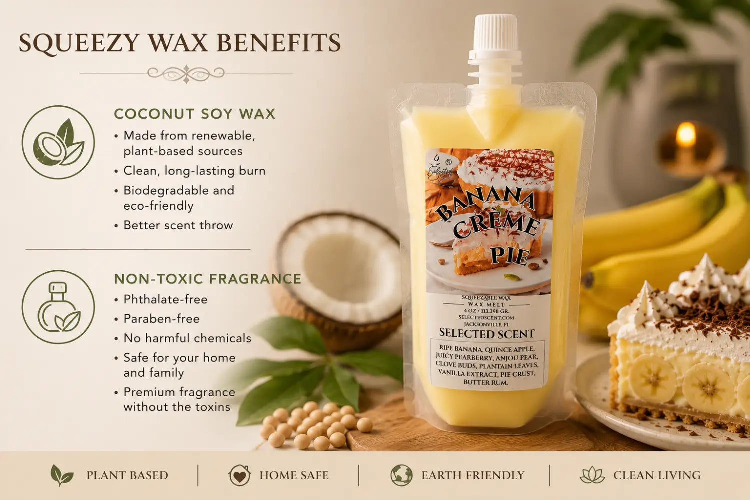 Banana cream pie squeezable wax melts – sweet bakery-inspired home fragrance by selected scent