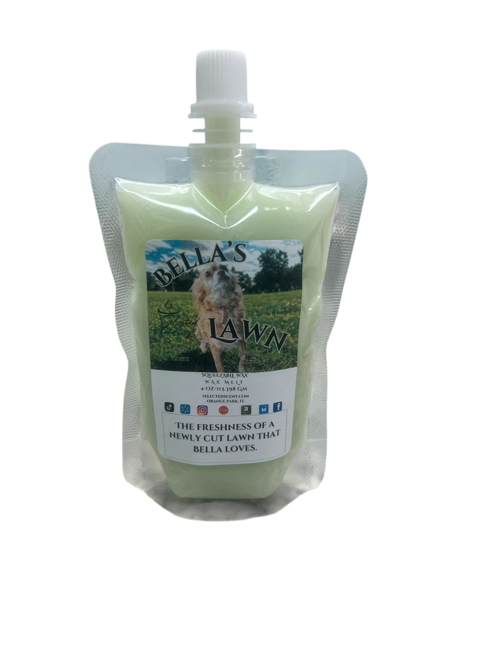 Selected Scent fresh cut grass wax melt in a refill pouch with Bella's Lawn label