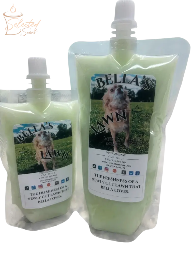 Selected Scent Bella's Lawn fresh cut grass wax melt in resealable pouches with dog image on labels