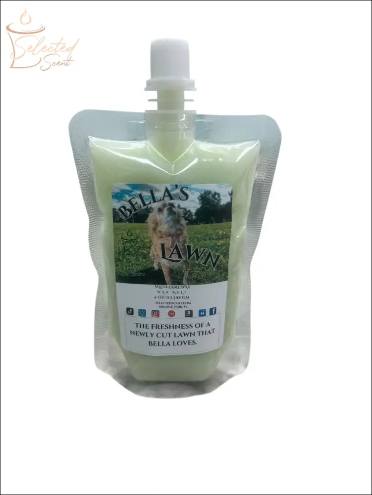 Selected Scent fresh cut grass wax melt in a refill pouch with Bella's Lawn label