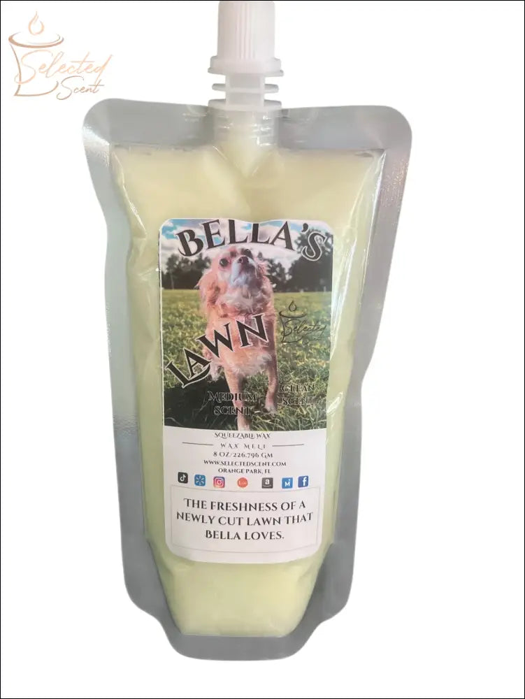Selected Scent Bella's Lawn fresh cut grass wax melt in a squeezable pouch with dog label