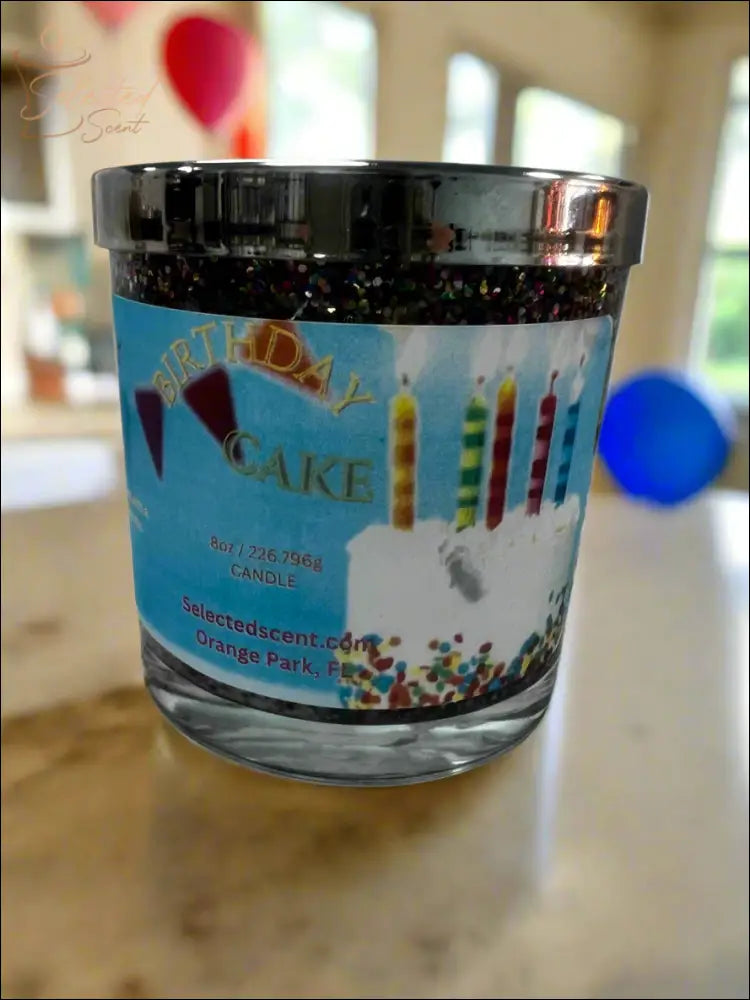 Selected Scent Make Your Wish birthday cake scented candle with colorful confetti and candle design