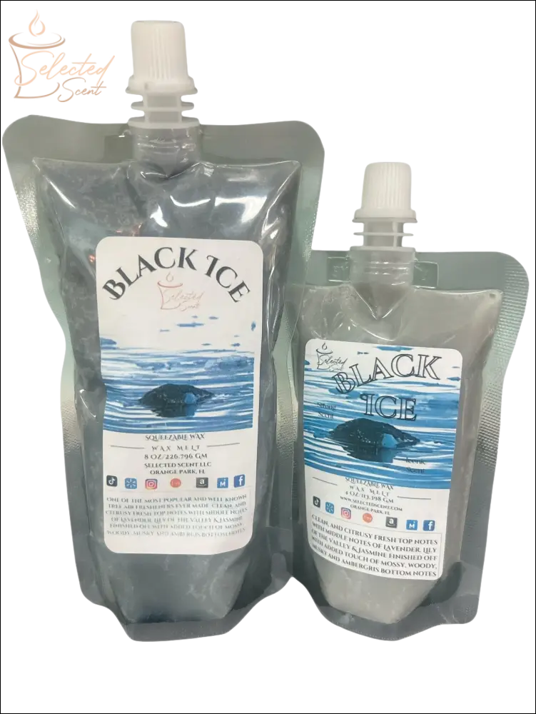 Selected Scent black ice squeezable wax melt in two silver resealable pouches with white caps