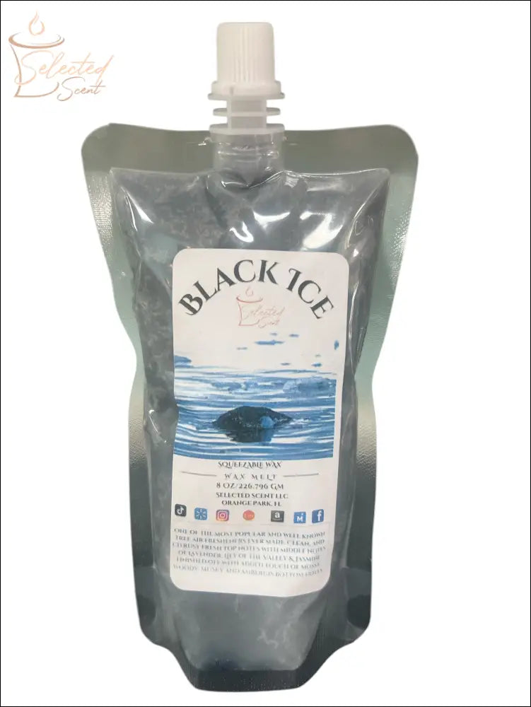 Selected Scent black ice squeezable wax melt in a gray flexible pouch with white cap