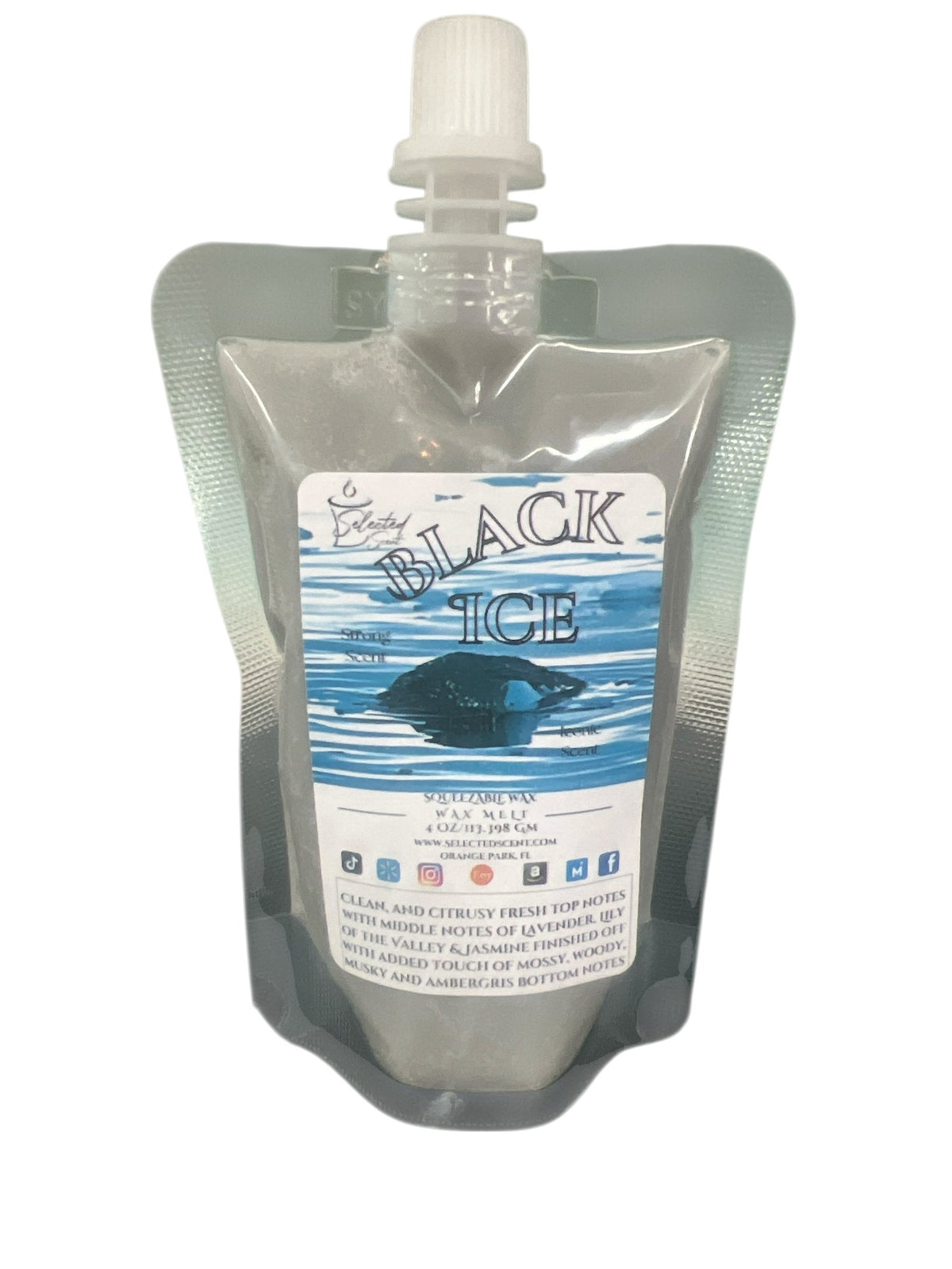 Selected Scent black ice squeezable wax melt in a silver pouch with a white spout cap