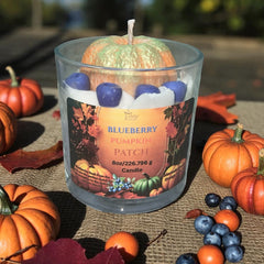 Selected Scent blueberry pumpkin patch all natural fall scented candle in glass jar with decorative pumpkin and blueberries
