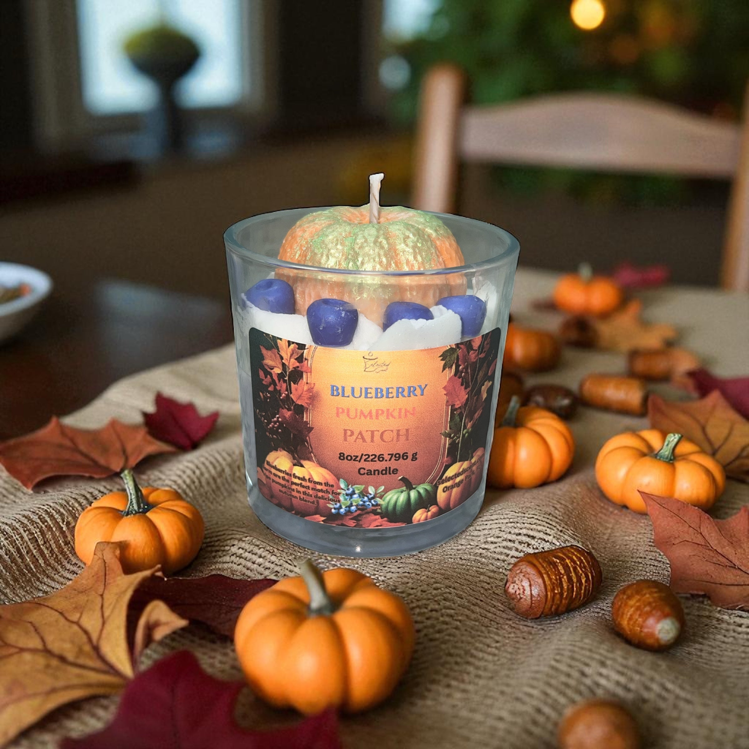 Selected Scent all natural fall scented candle with blueberry pumpkin patch fragrance and decorative elements
