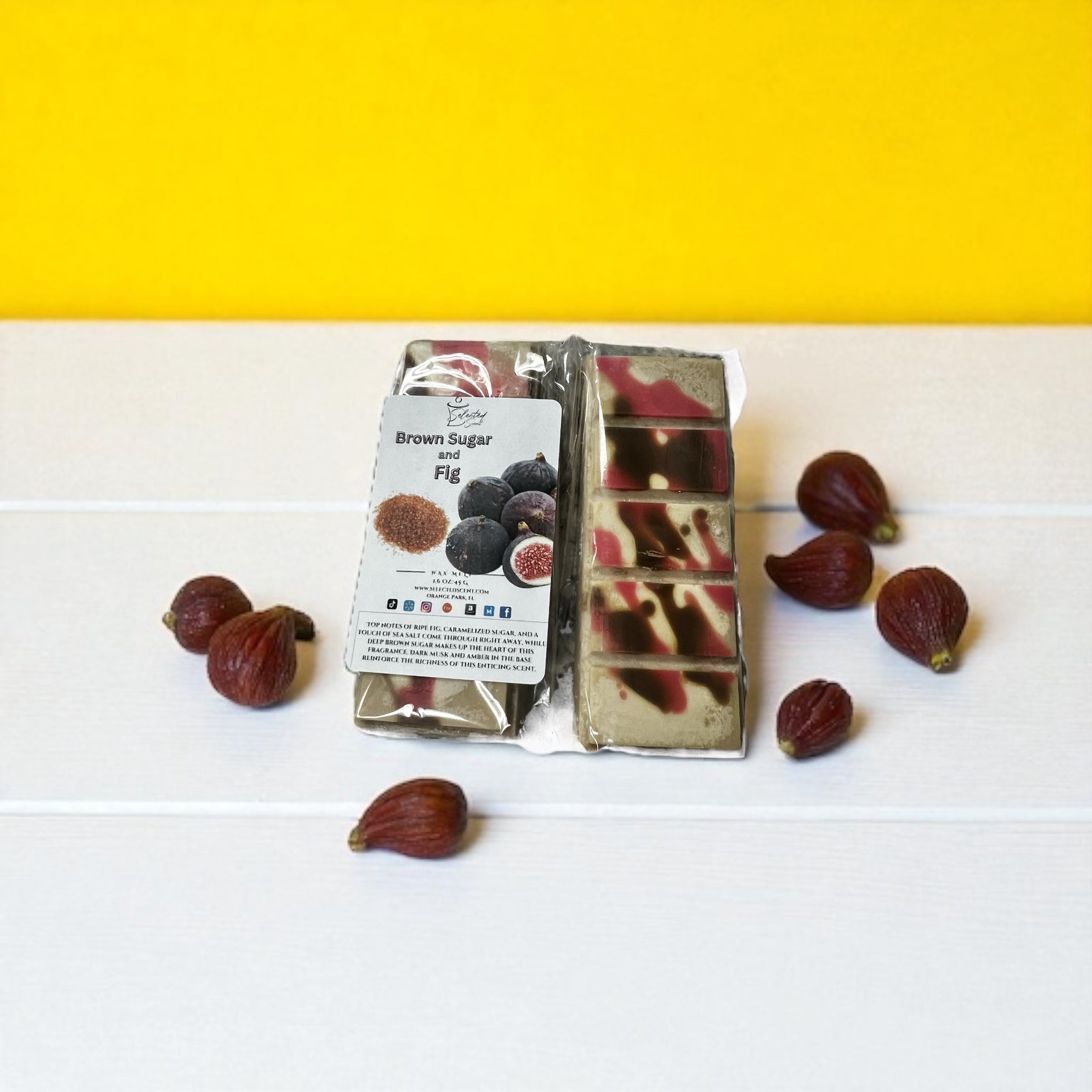 Selected Scent brown sugar fig scented home fragrance wax melts with fig fruits on white surface