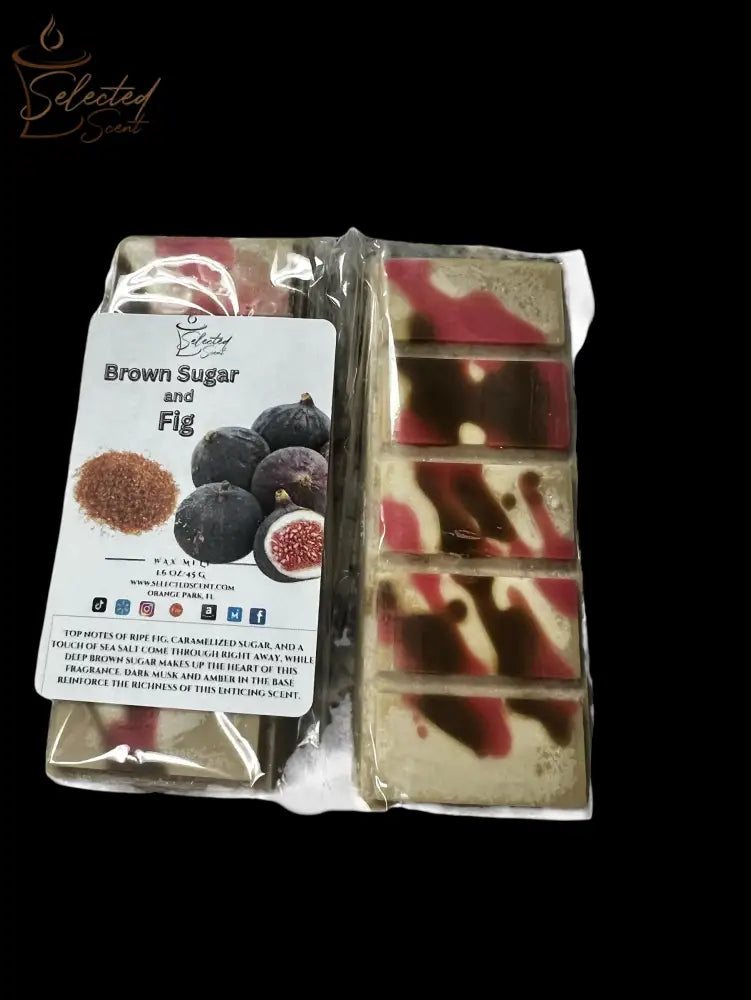 Selected Scent brown sugar fig scented home fragrance wax melts with caramel and fig design