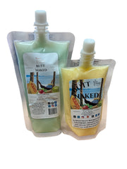 Selected Scent Butt Naked lotion pouches in green and yellow with fun with fruit theme