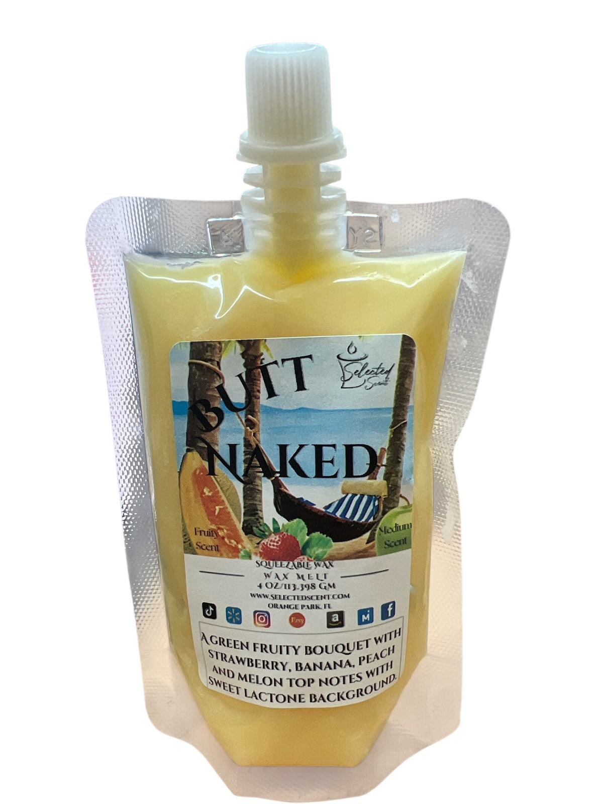 Selected Scent Butt Naked wax melt with fun with fruit strawberry banana peach and melon scent