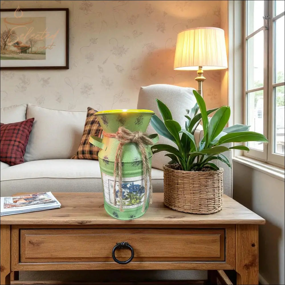 Selected Scent Electric Decorative Warmer in green with floral design on wooden coffee table