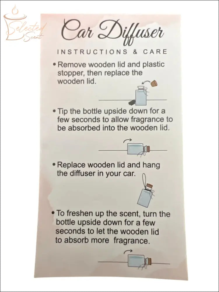 Instruction card for Selected Scent long lasting car air freshener with steps to use the car diffuser