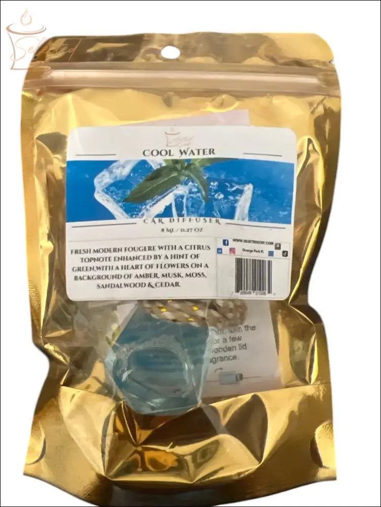 Selected Scent Cool Water long lasting car air freshener with freshwater and citrus scent in gold packaging