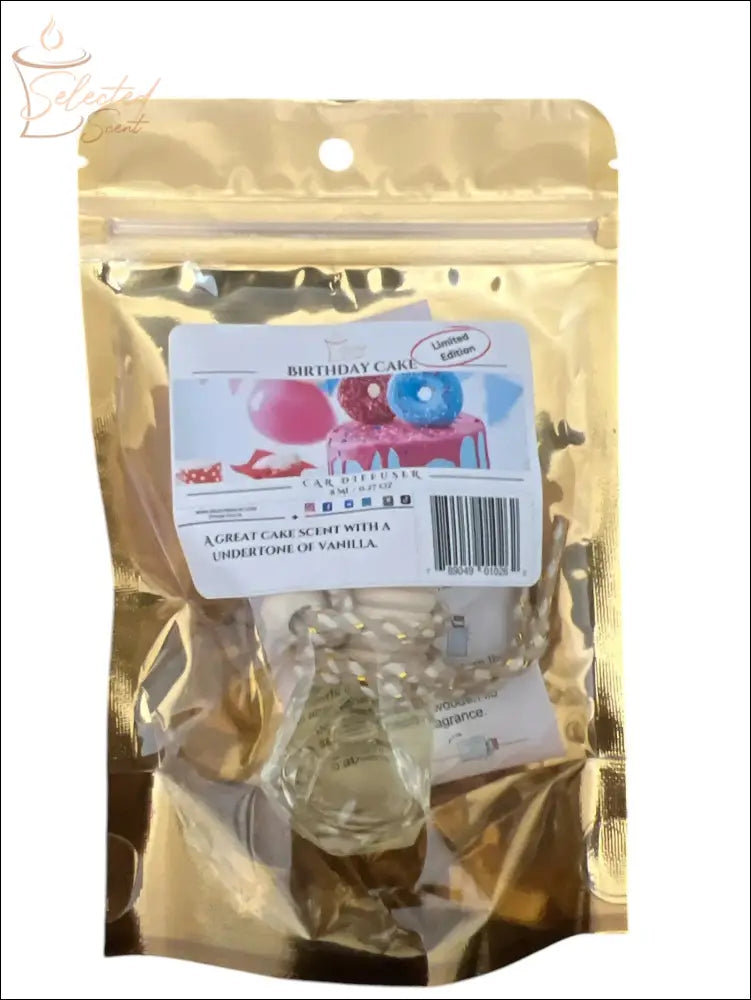 Selected Scent Birthday Cake long lasting car air freshener with vanilla cake scent in gold resealable packaging