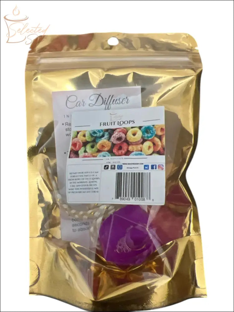 Selected Scent Fruit Loops Long lasting car air freshener in resealable gold packaging