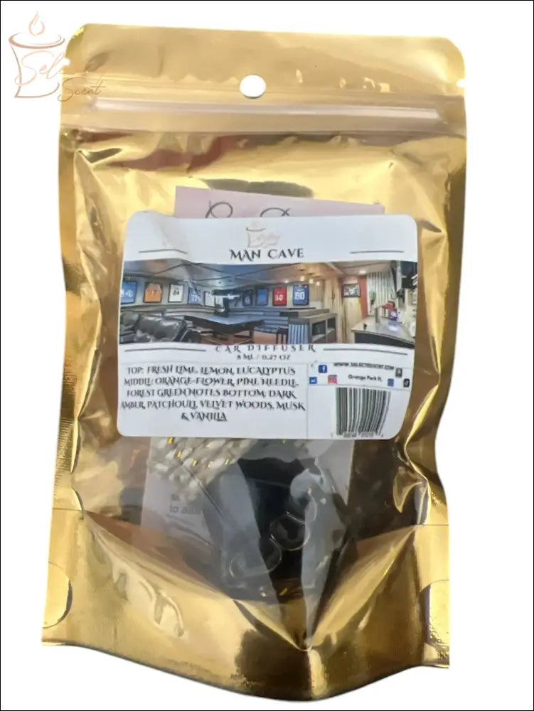 Selected Scent Man Cave long lasting car air freshener in gold resealable packaging