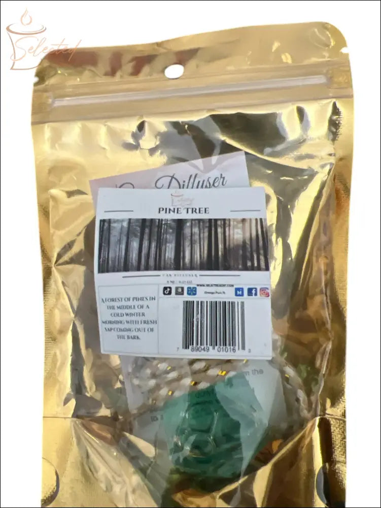 Selected Scent pine tree long lasting car air freshener in resealable gold packaging