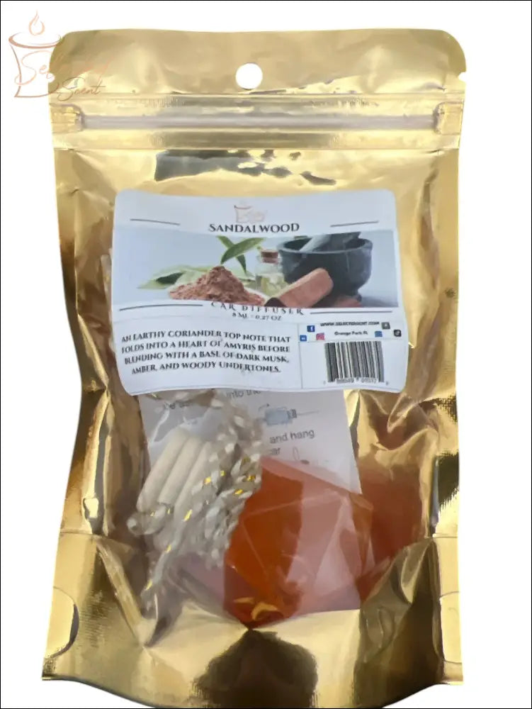 Selected Scent sandalwood long lasting car air freshener in resealable gold packaging