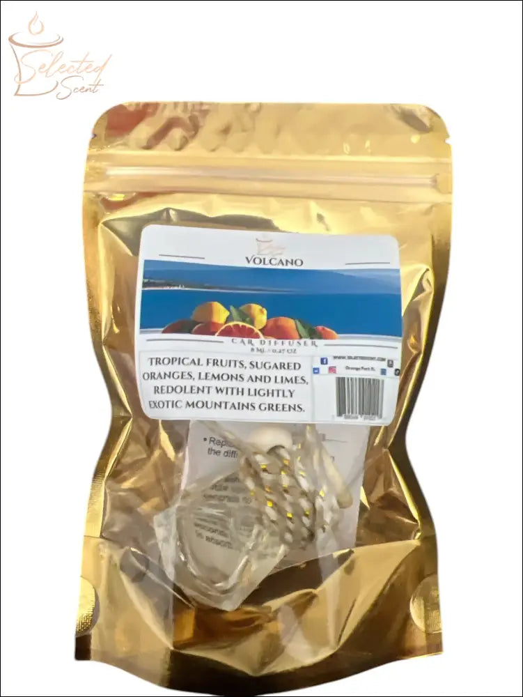 Selected Scent long lasting car air freshener in gold packaging with tropical fruits and citrus scent