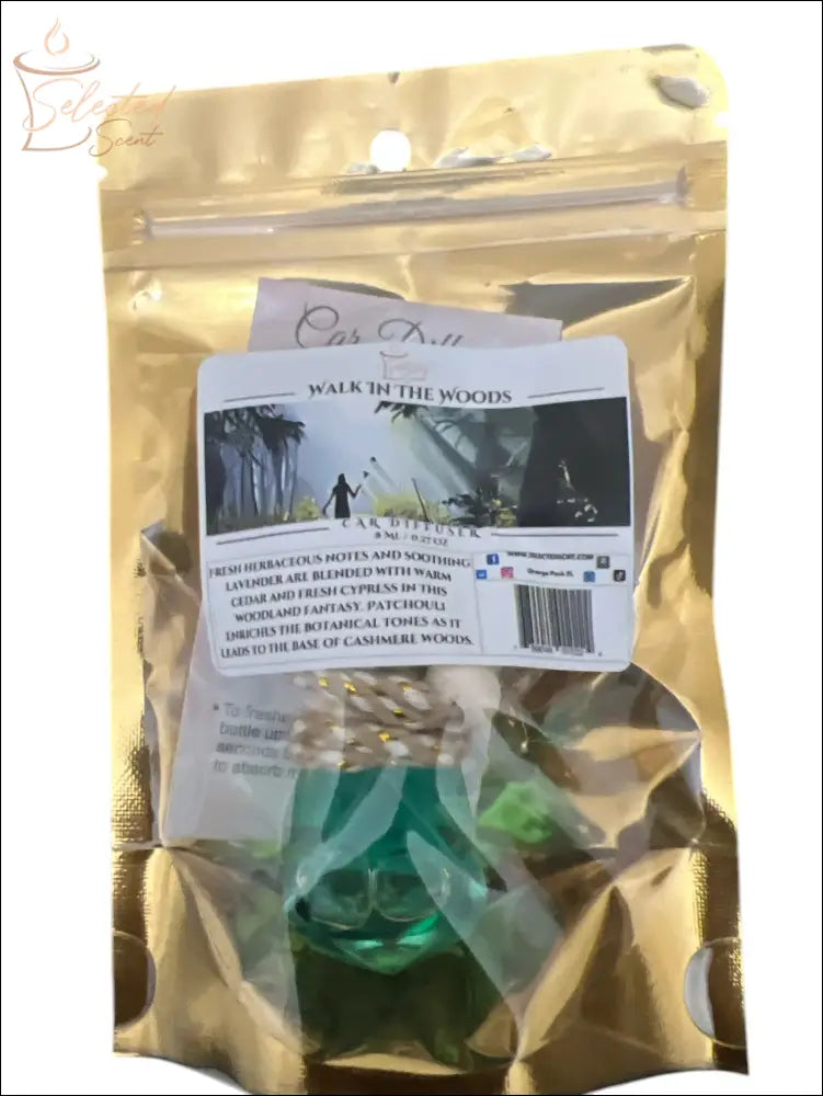 Selected Scent Walk in the Woods long lasting car air freshener in green bottle with gold resealable packaging
