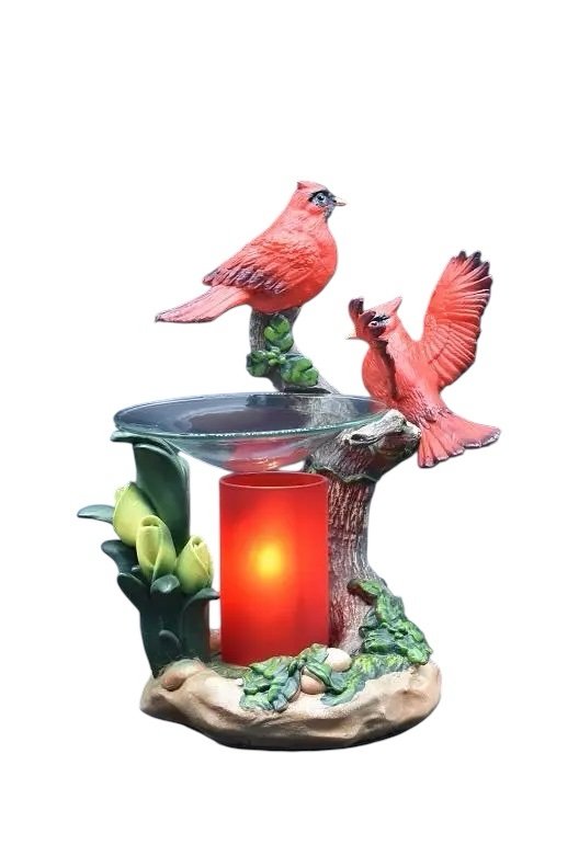 Selected Scent cardinals oil warmer with two red cardinal birds and a glowing candle holder