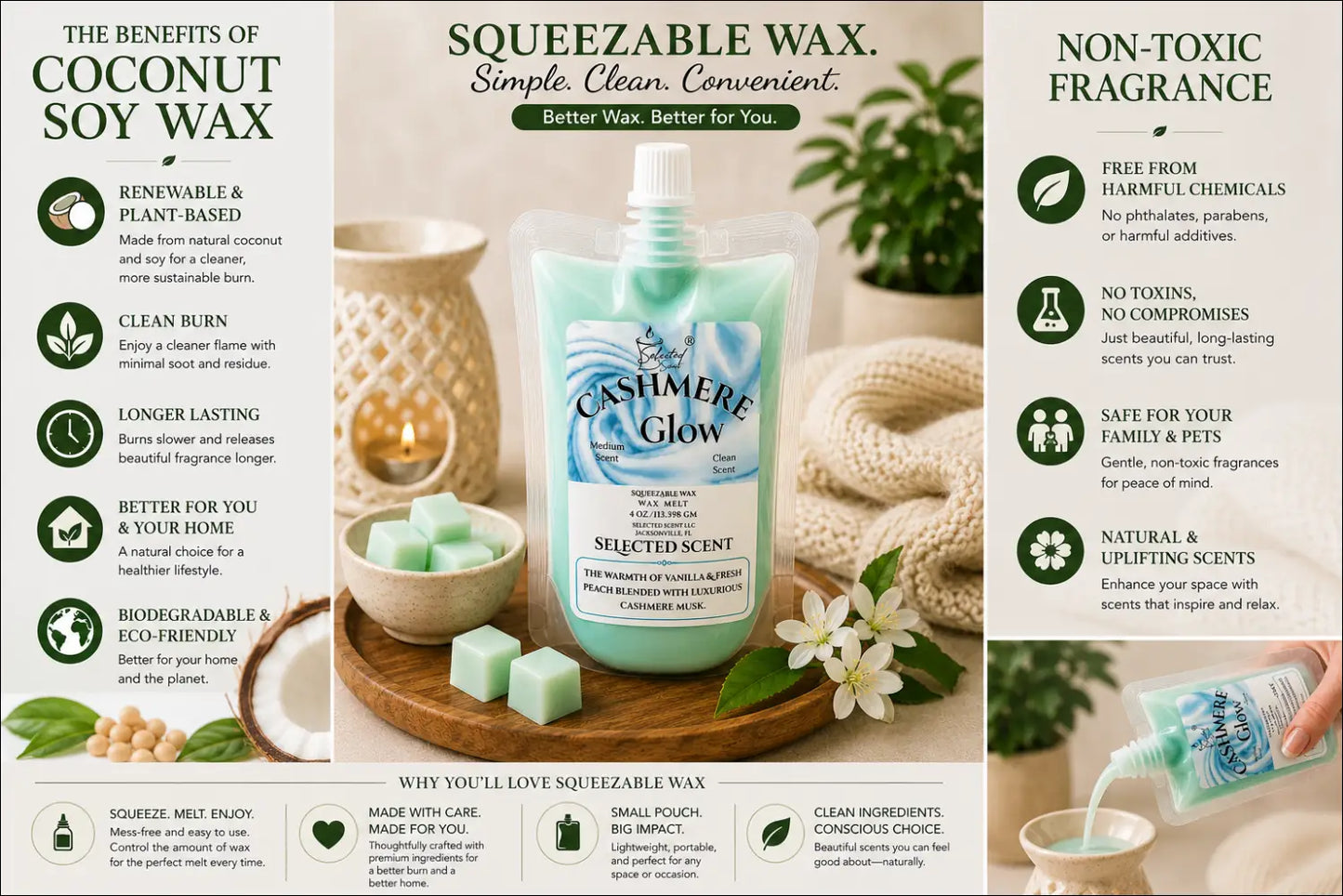 Cashmere glow squeezable wax melt all natural melts a clean scent limited edition