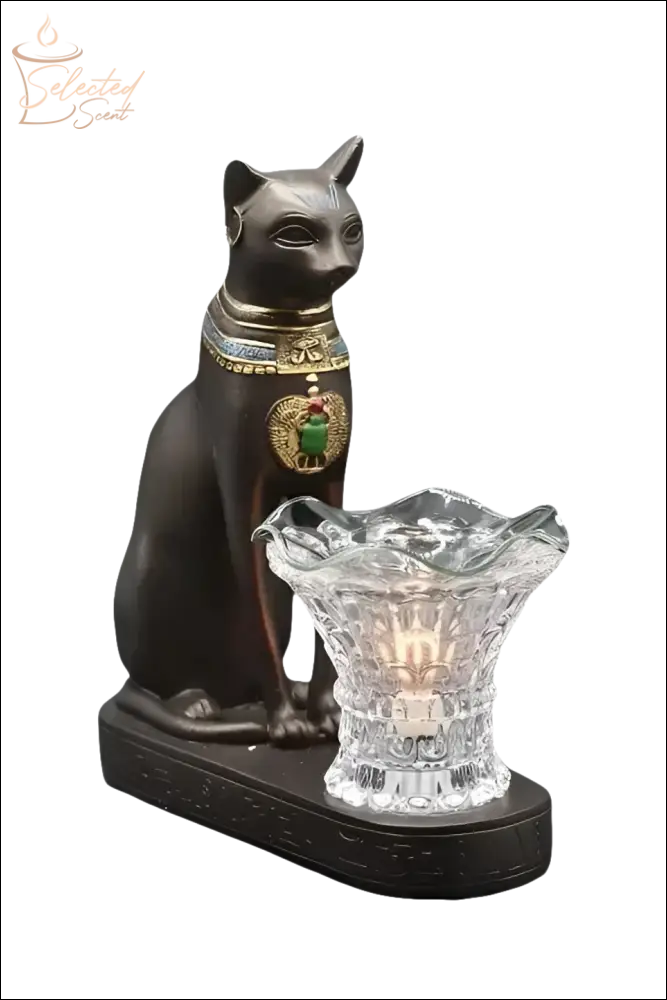 Selected Scent Electric Decorative Warmer featuring black cat statue with Egyptian design and glass light holder