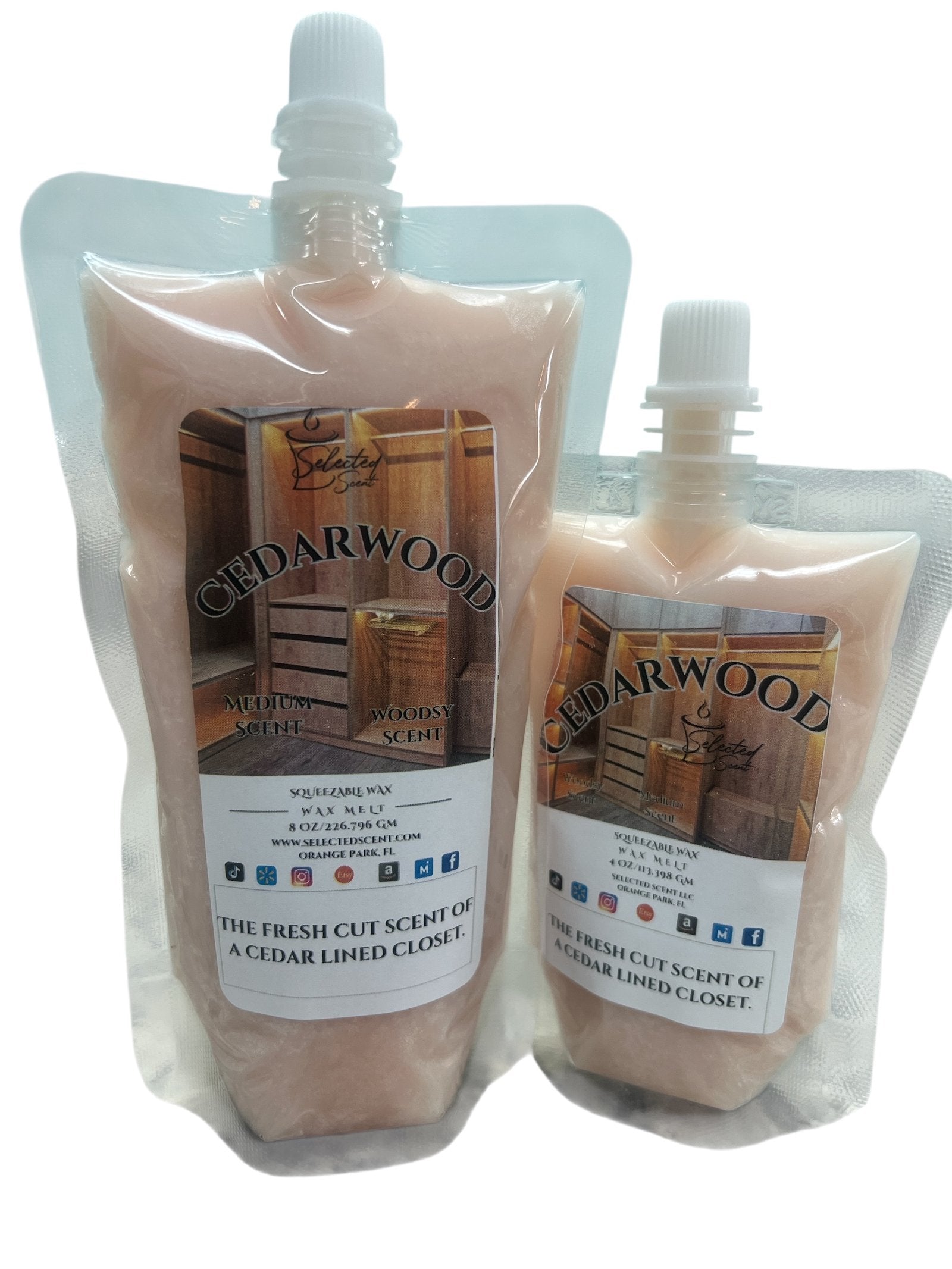 Selected Scent Cedarwood long lasting natural wax melts in refill pouches with fresh cut cedar scent