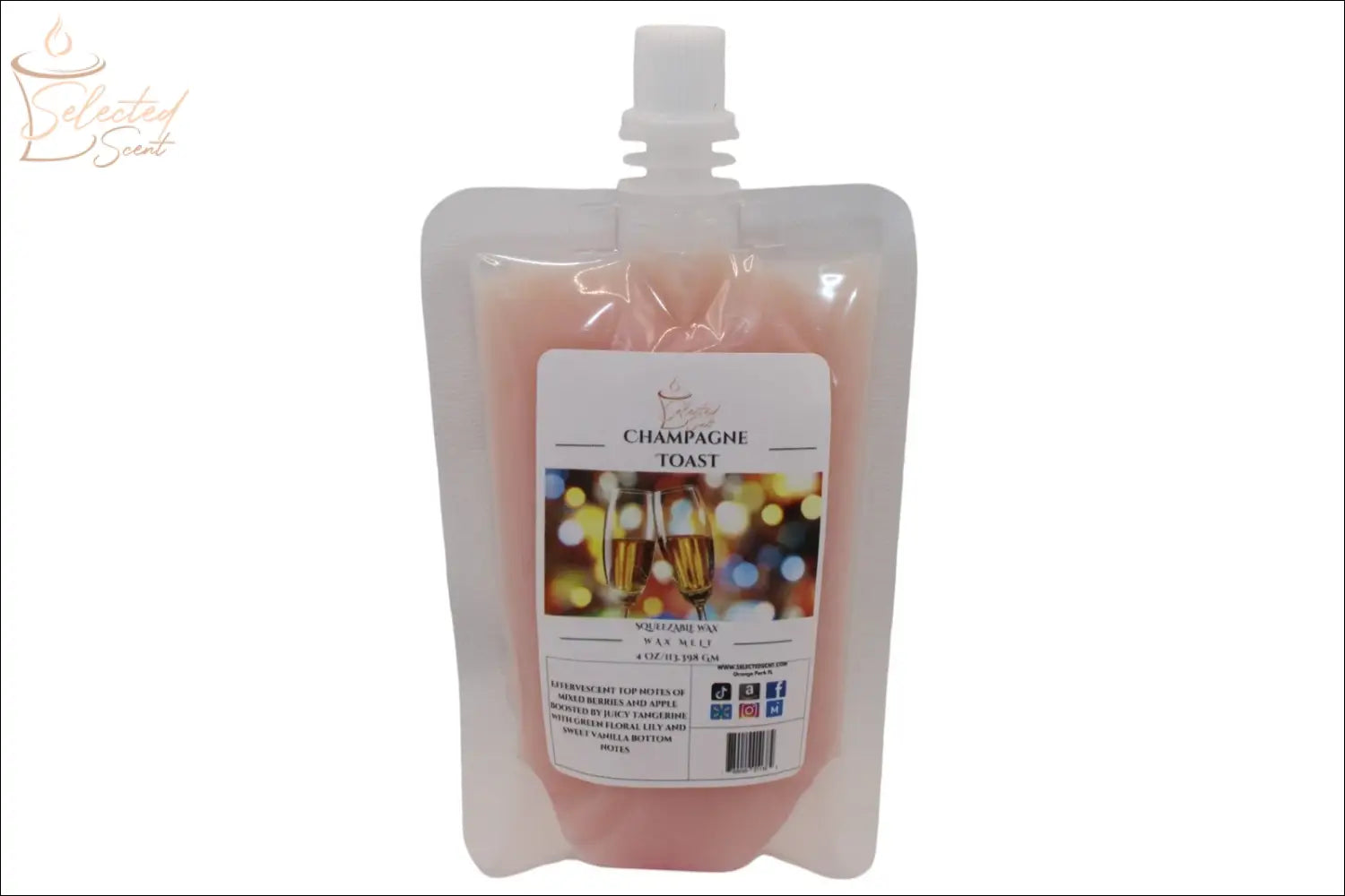 Selected Scent Champagne Toast squeezable wax melts for home in a soft pink pouch with twist cap